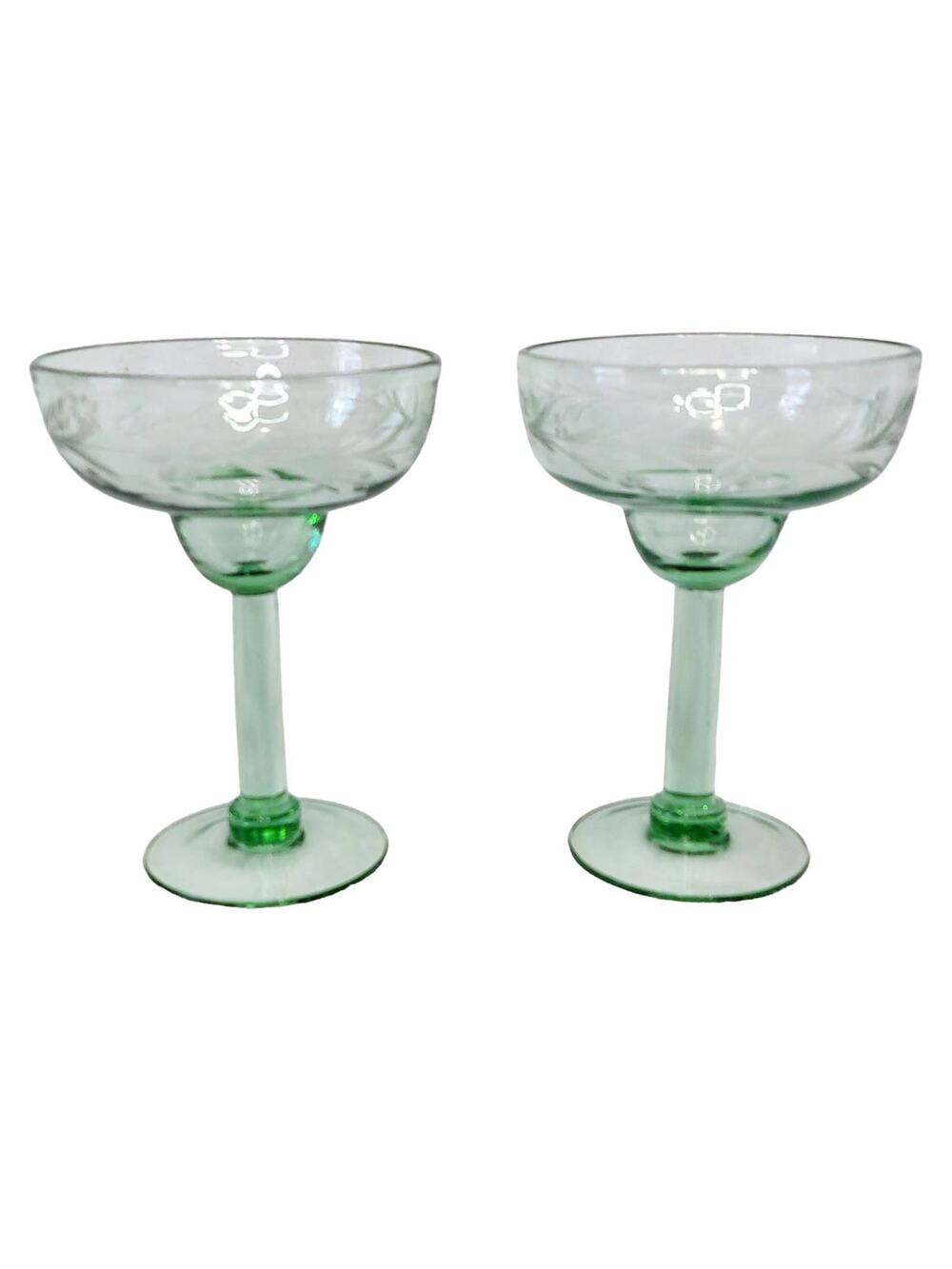 Bobby Flay BFZ1 Green Etched Floral Margarita Glasses Hand Blown Set of 2